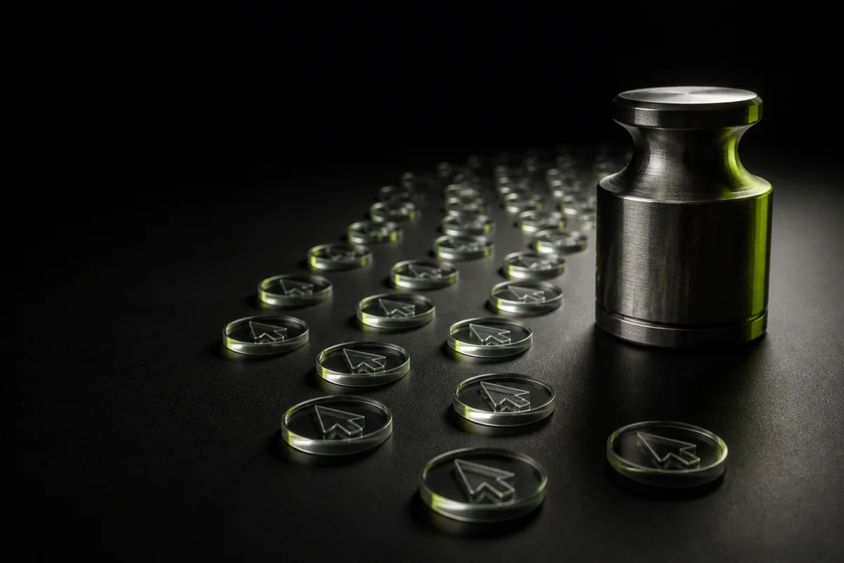 Many lightweight click tokens contrasted with one substantial metal measure