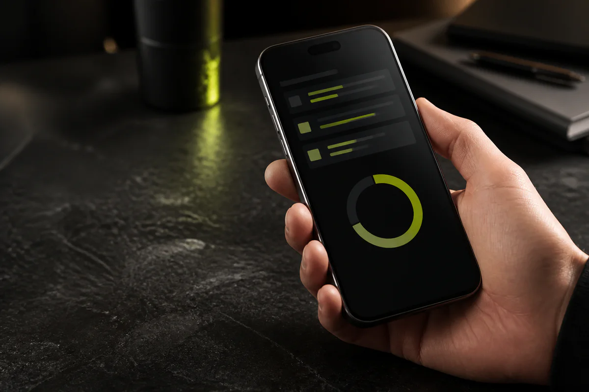 Hand holding a phone with a concise progress view on screen