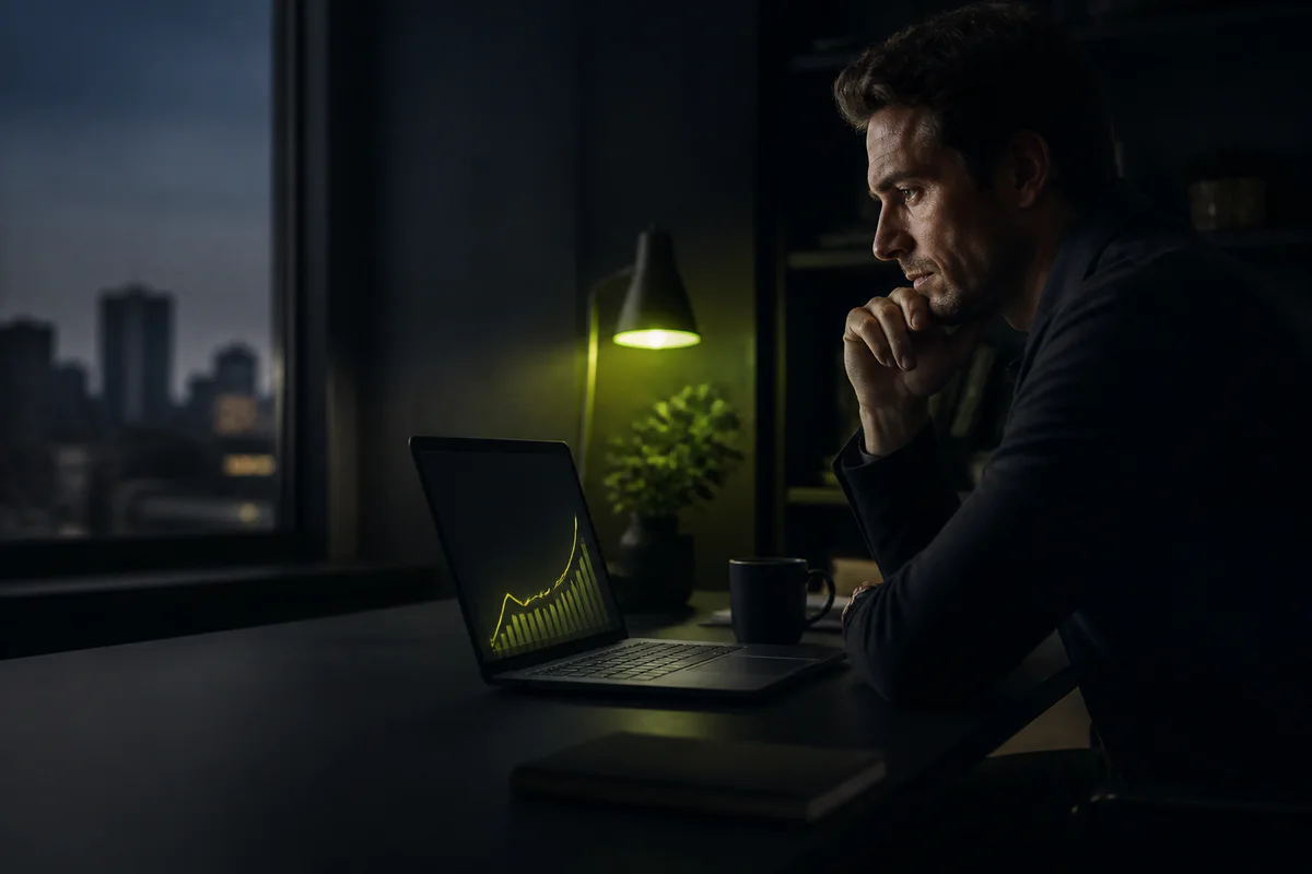 Founder reviewing a sharply rising performance curve on a laptop in a dark studio